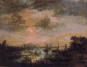 Aert van der Neer Fishing by moonlight painting